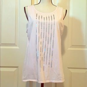 Pink top with silver sequins, sleeveless.